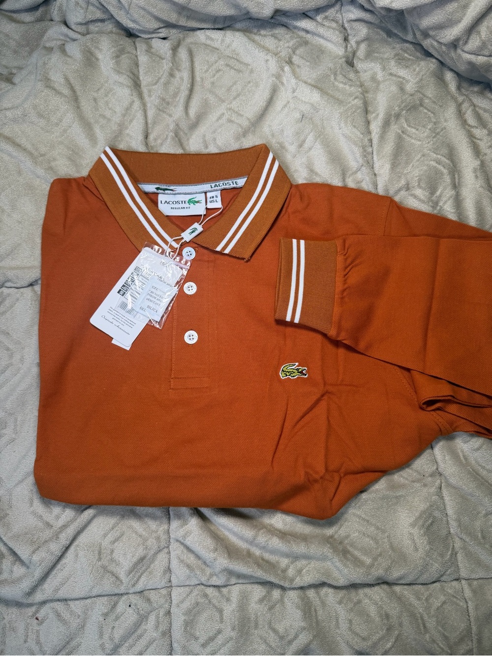 Lacoste Mens Rust Orange Long Sleeve Polo with Striped Collar